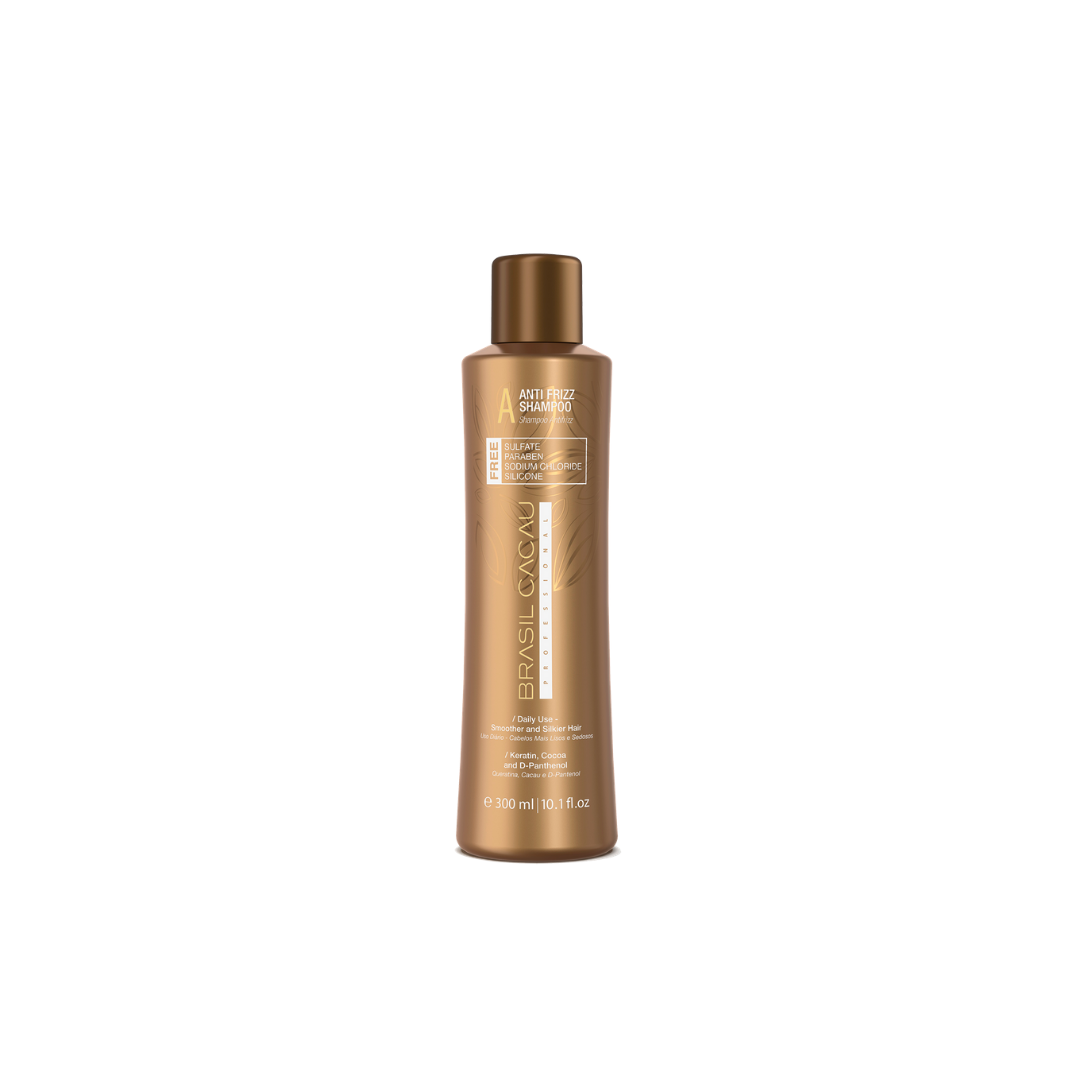 contenitore prodotto marrone di shampoo anti frizz, con tappo che si svita.